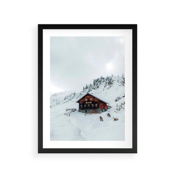 Plakat w ramie 40x50 - Zimowa Magia - domek, śnieg - rama czarna
