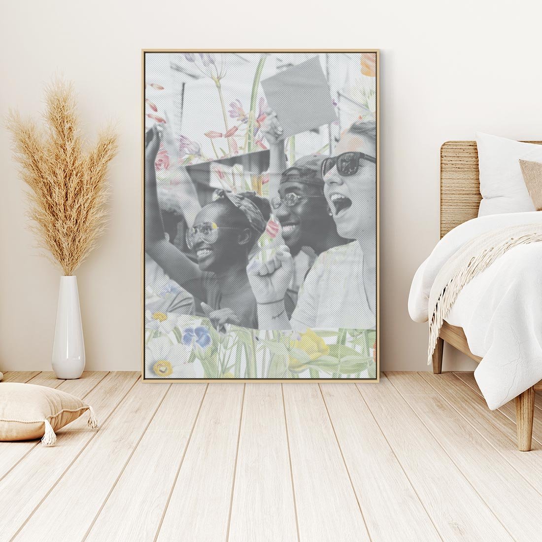 Obraz w ramie 80x120 - Księga zaklętych marzeń - kolaż, czarnobiałe zdjęcie wesołych młodych ludzi - rama drewno