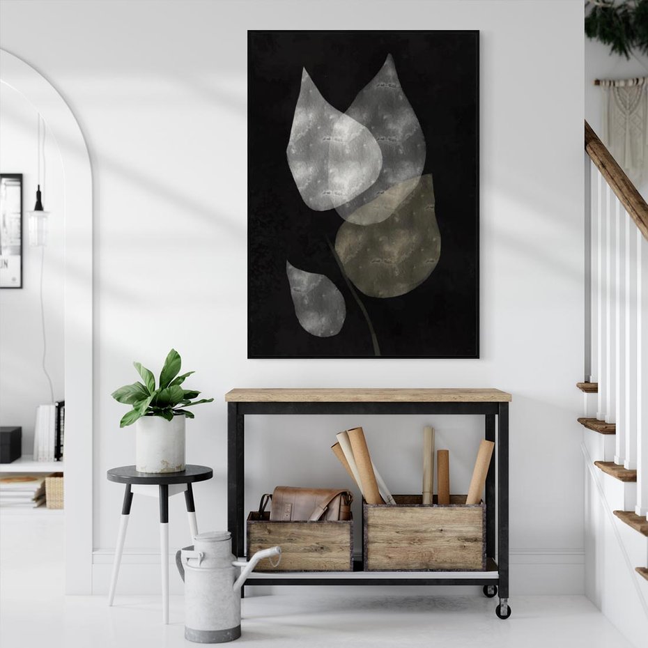 Obraz w ramie 70x100 - Mroczne Złudzenia - abstrakcyjne liście, mroczna atmosfera - rama czarna