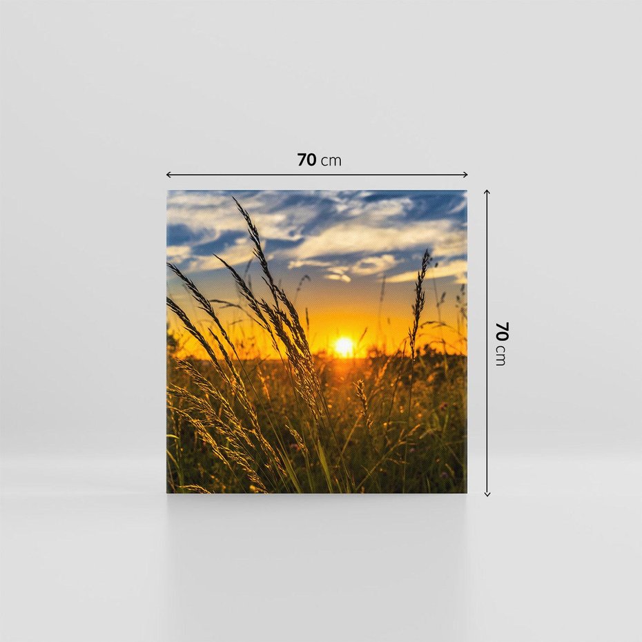 Obraz na płótnie 70x70 - "Zachód Słońca, Łąka - Magiczna Aura - zachód, słońca