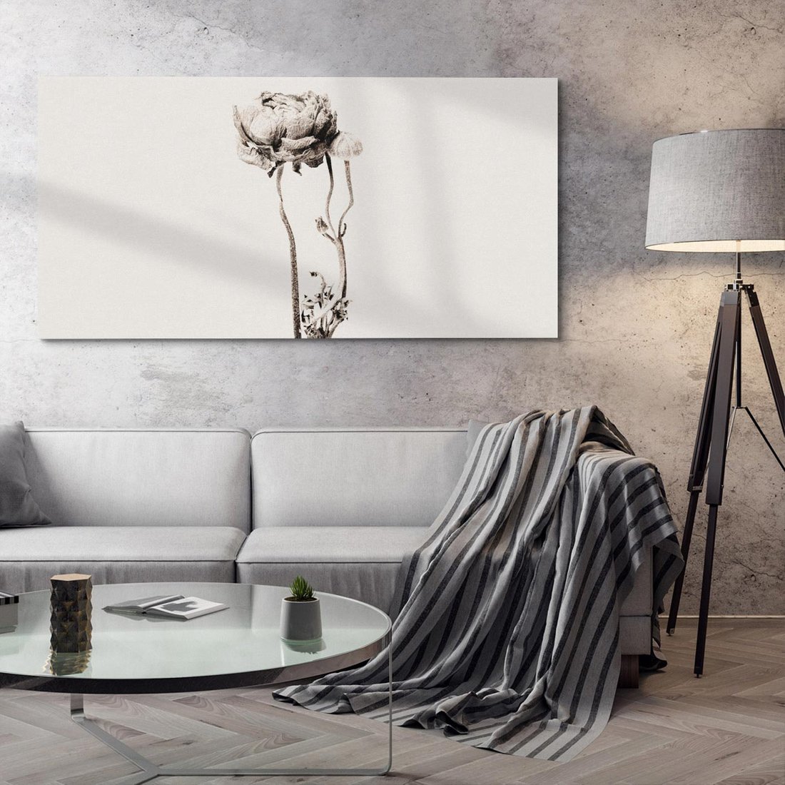 Obraz na płótnie 120x60 - Kwiatowa Symfonia w Szarościach - czarno biała odbitka, jak fotografia
