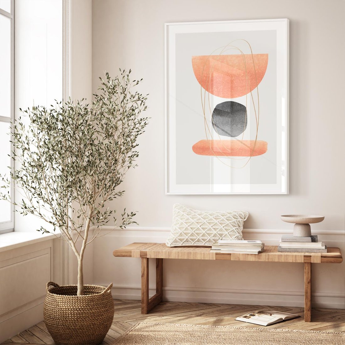 Plakat w ramie 30x40 - Abstrakcyjne Plamy z Złotymi Liniami - abstrakcja, boho plamy - rama biała