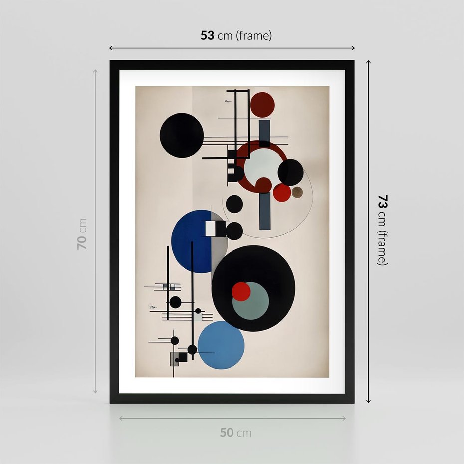Plakat w ramie 50x70 - Rozkwitające Wibracje Wyobraźni - abstrakcyjna geometryczna kompozycja, koła linie - rama czarna