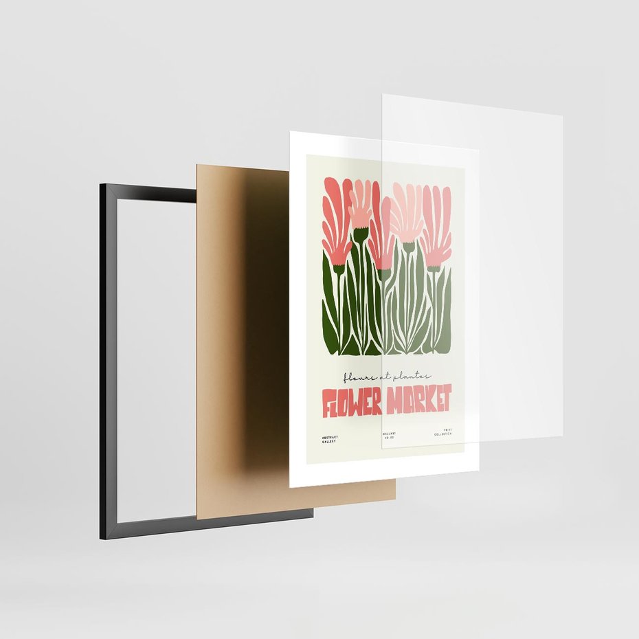 Plakat w ramie 30x40 - Symfonia Kolorowych Kształtów - nowoczesna grafika, kwiatowa kompozycja - rama czarna