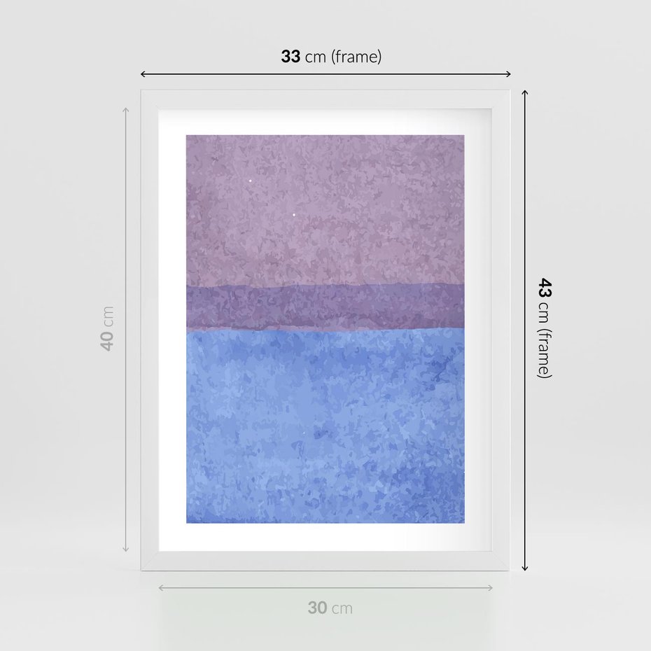 Plakat w ramie 30x40 - Taniec Światła - kolorowe akwarelowe pasy, odcienie fiolet - rama biała