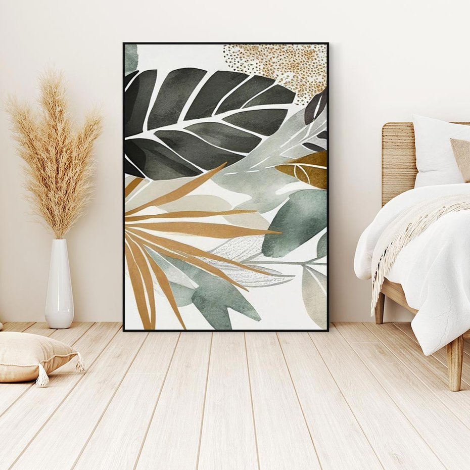 Obraz w ramie 70x100 - Współbrzmienie wewnętrznego ja - kompozycja z tropikalnych liści, stonowane kolory - rama czarna