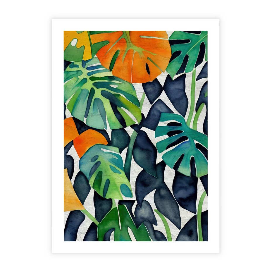 Plakat bez ramy 40x50 - Tropikalne Pragnienia - akwarela, liście tropikalne