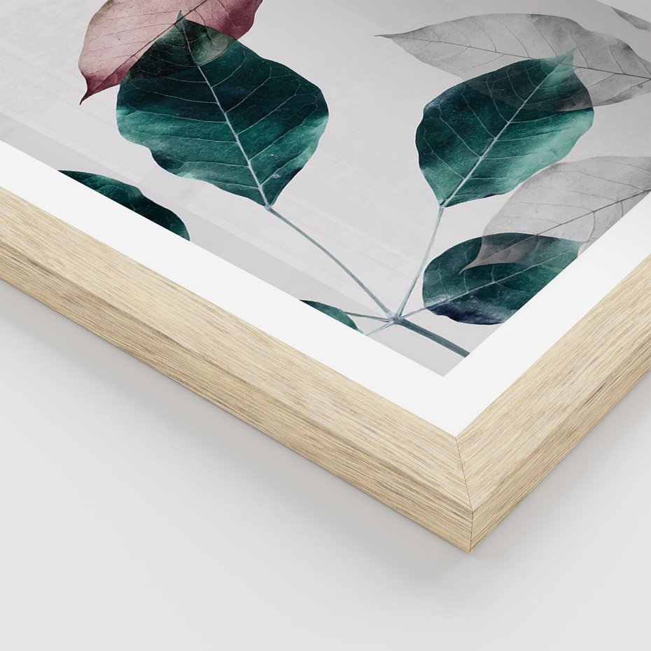 Plakat w ramie 50x70 - Pastelowe Liście w Minimalizmie - pastelowe liście, minimalistyczny obraz - rama drewno