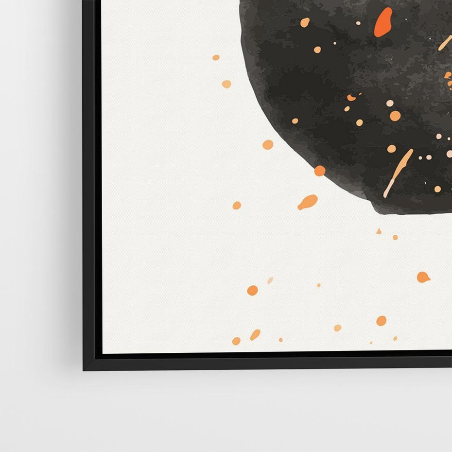 Obraz w ramie 50x50 - Wibracje Kolorów - abstrakcyjna czarna plama, rozsiane pomarańczowe kropki - rama czarna
