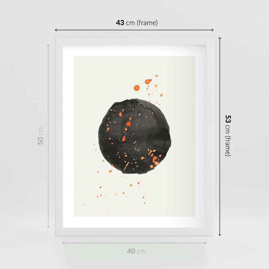 Plakat w ramie 40x50 - Wibracje Kolorów - abstrakcyjna czarna plama, rozsiane pomarańczowe kropki - rama biała