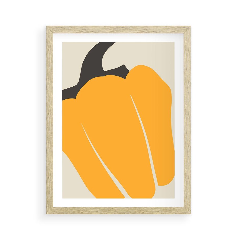 Plakat w ramie 50x70 - Migocące Formy - abstrakcyjny minimalistyczny obraz, żółta papryczka - rama drewno