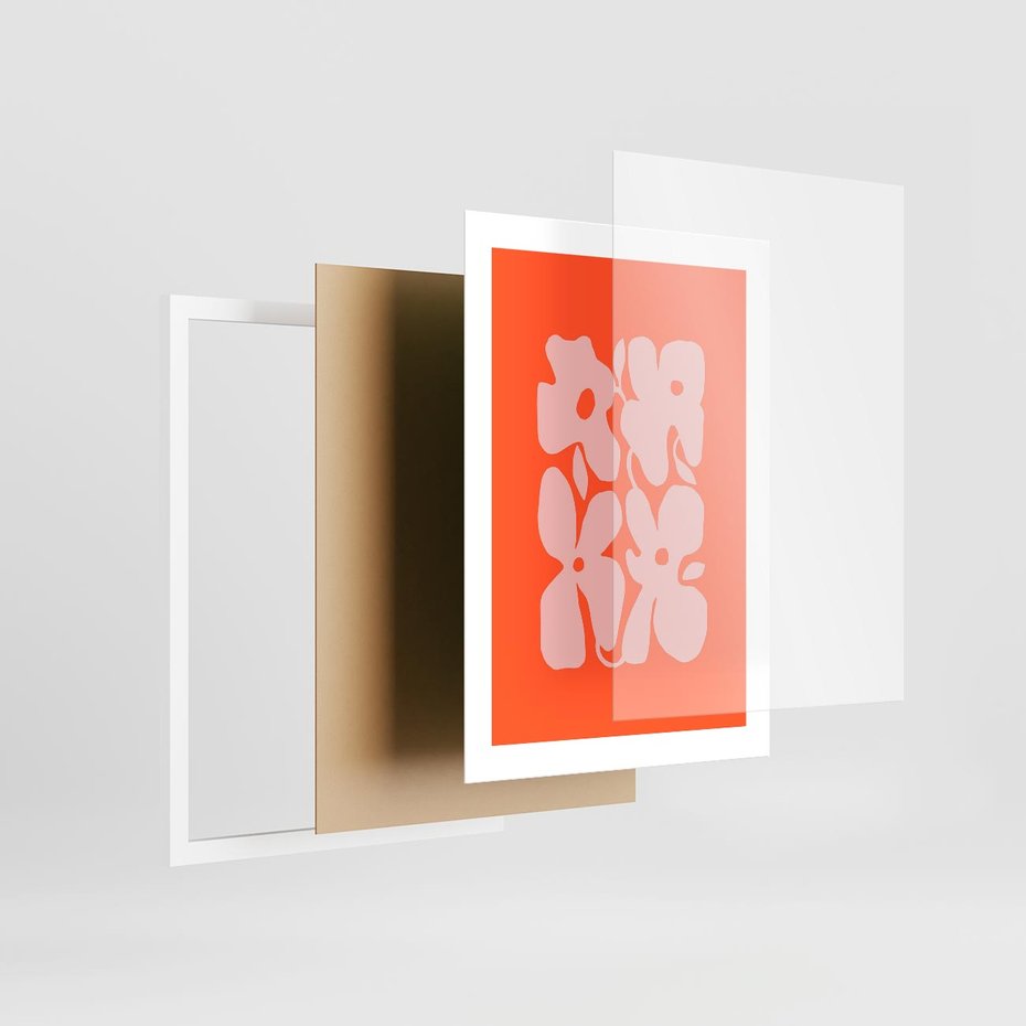 Plakat w ramie 30x40 - Taniec Abstrakcji - kwiaty, energetyczne pomarańczowe tłó - rama biała