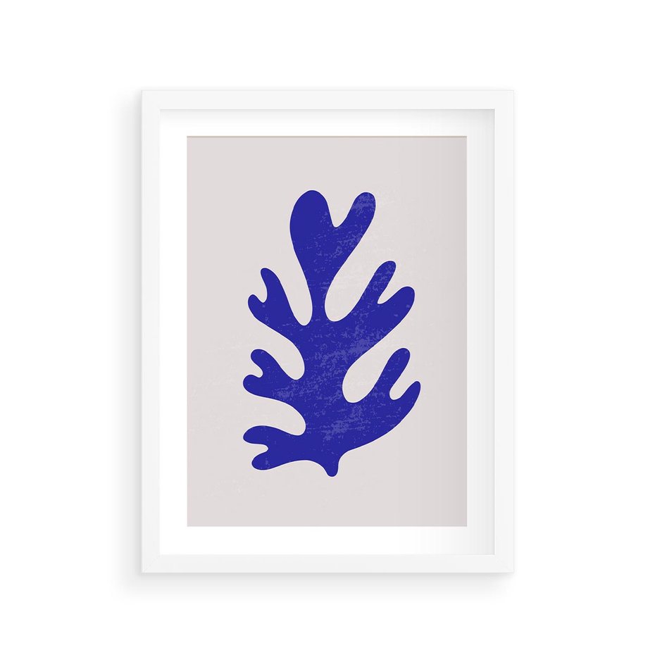 Plakat w ramie 30x40 - Przenikająca Struktura - boho plakat, niebieski liść w intensywnym kolorze - rama biała
