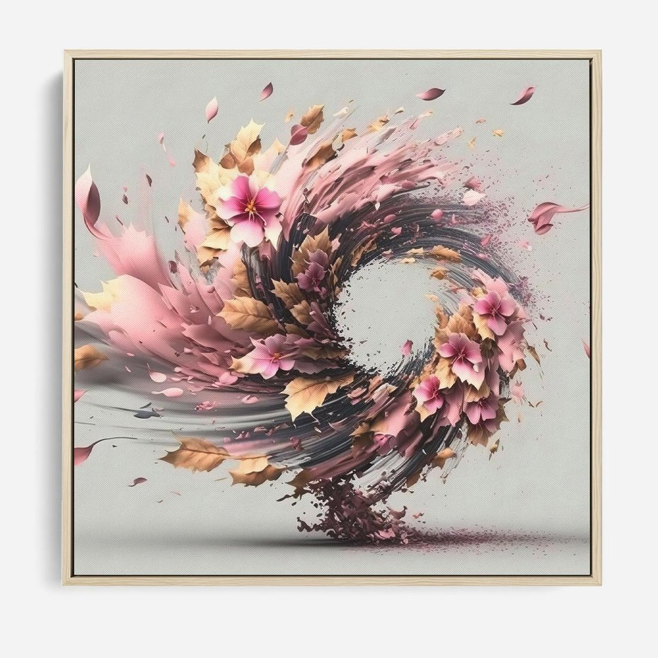 Obraz w ramie 50x50 - Kwiatowy Wir - nowoczesna grafika komputerowa, wir z kwiatów - rama drewno
