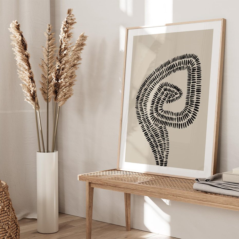 Plakat w ramie 40x50 - Nowoczesne Spektrum Wyobraźni - boho plakat, czarne kropki kreski - rama drewno