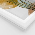 Plakat w ramie 50x70 - Światło Natury: Graficzne Liście i Złote Słońce - grafika, graficzne liście - rama biała