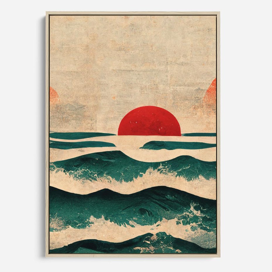 Obraz w ramie 50x70 - Czerwone Melodie - japońska sztuka, zachód słońca nad oceanem - rama drewno