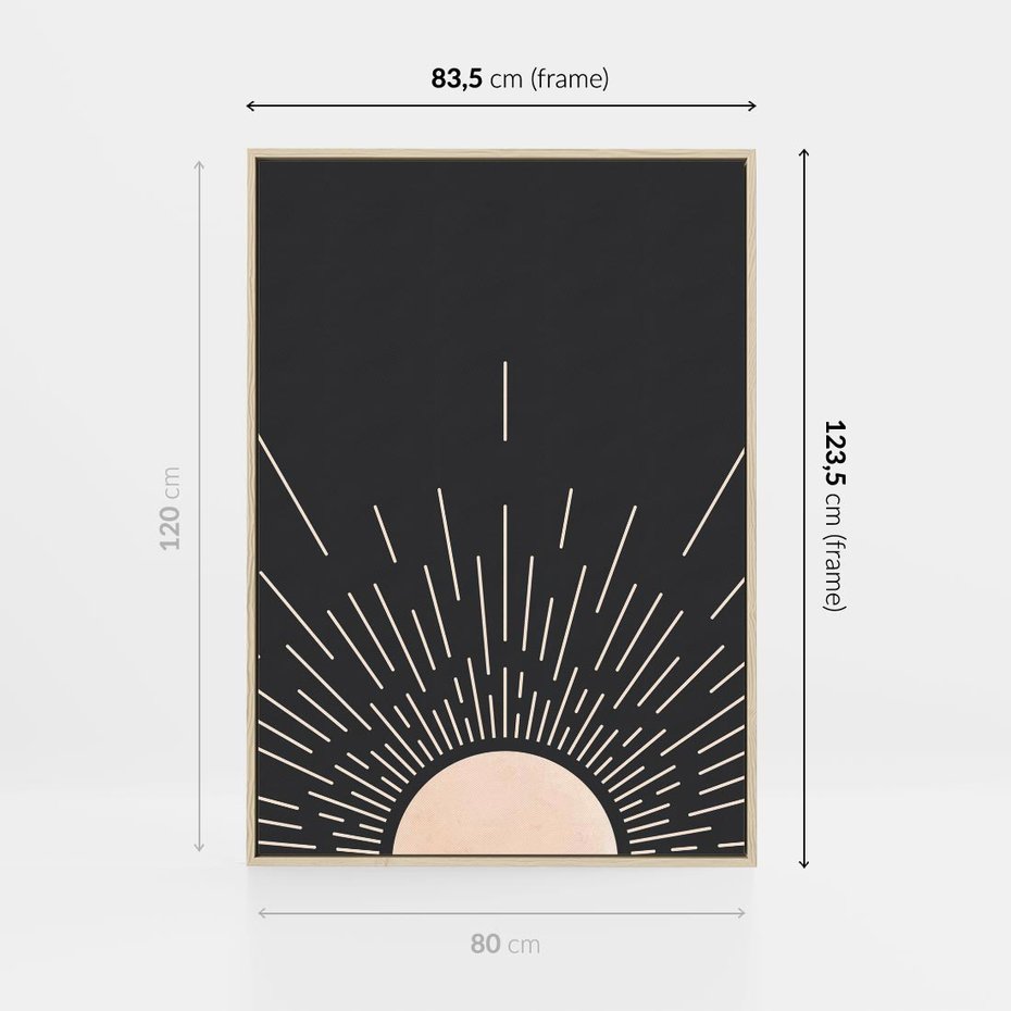 Obraz w ramie 80x120 - Słoneczny Portret Duszy - boho czarne słońce, nowoczesna grafika - rama drewno