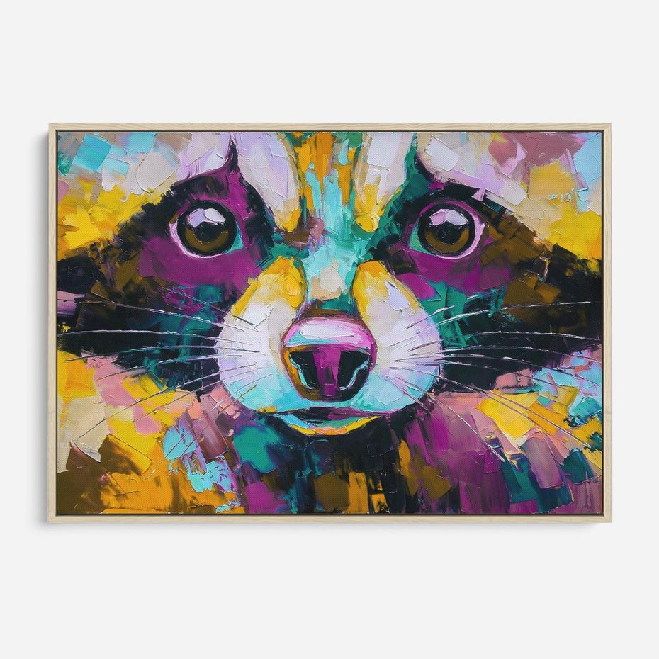 Obraz w ramie 120x80 - Przebudzenie snu artysty - zbliżenie, kolorowy portret szopa pracza - rama drewno