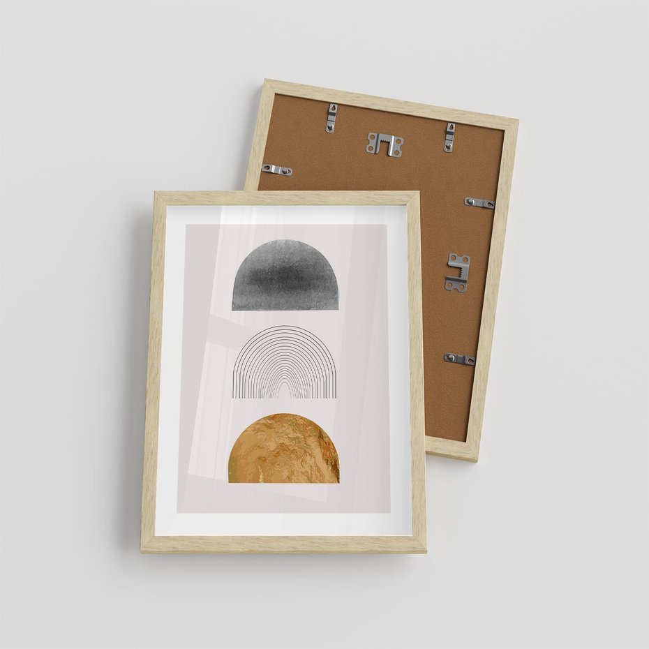 Plakat w ramie 30x40 - Piękno wGeometrycznych Kształtach i Złocie - nowoczesna geometryczna grafika, złote elementy - rama drewno