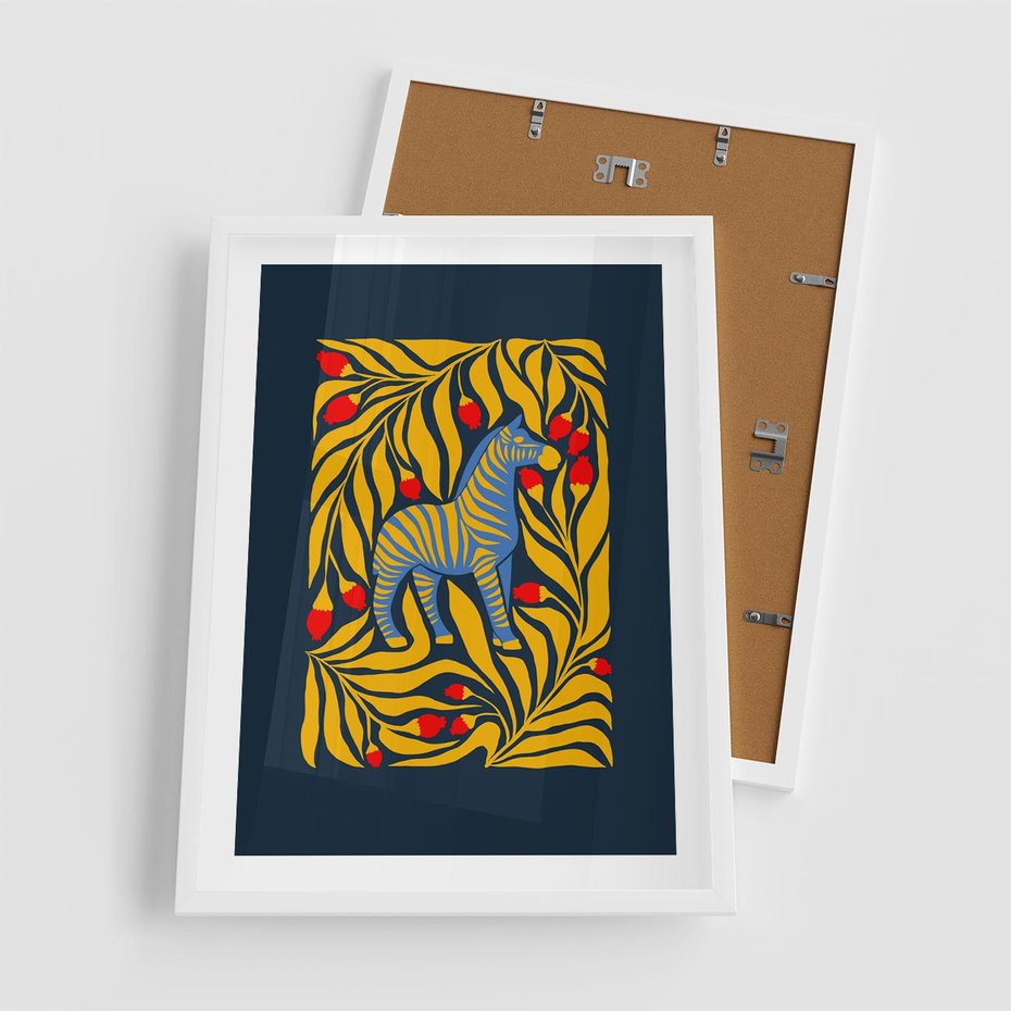 Plakat w ramie 50x70 - Wibracje Wyobraźni - zebra, granatowe tłó - rama biała