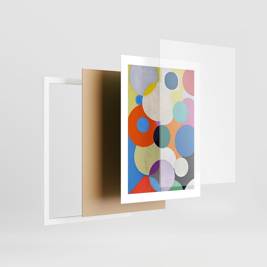 Plakat w ramie 30x40 - Tajemnicze Odbicia Czasu - abstrakcyjne geometryczne kształty, olejny obraz - rama biała