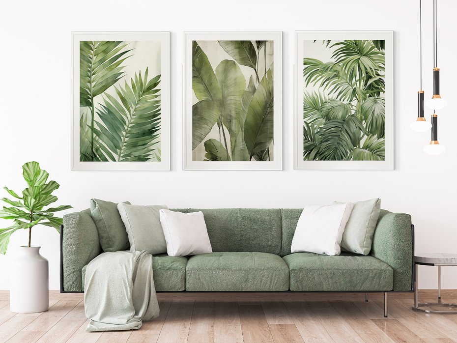 Zestaw obrazy w ramie 50x70 galeria - tropikalne, liście, palmy, bananowiec - rama biała