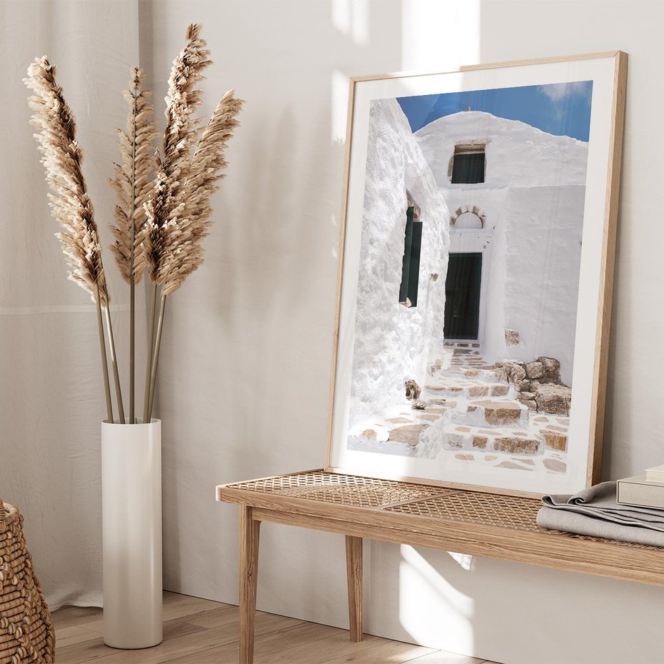 Plakat w ramie 30x40 - Santorini - Grecja błękitem malowana - Santorini, Grecja - rama drewno