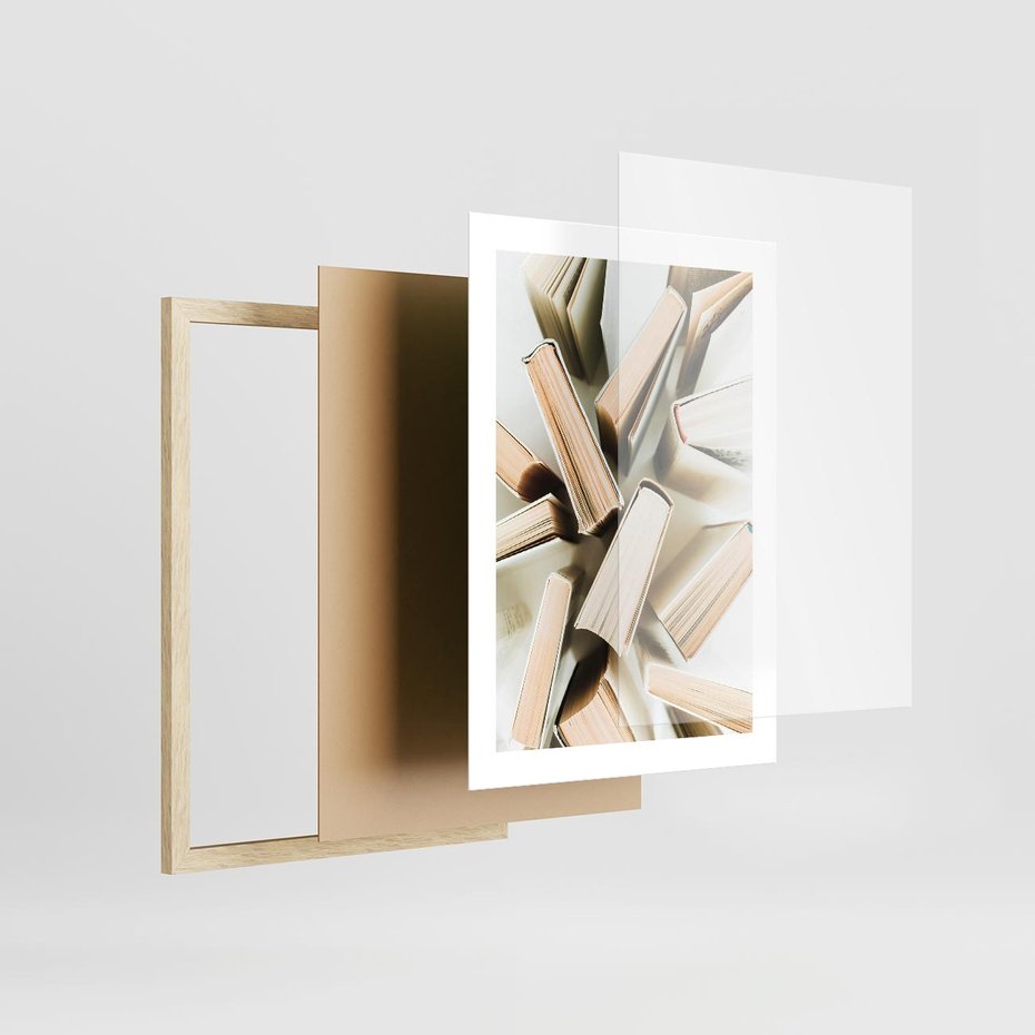 Plakat w ramie 30x40 - Odcienie Wiedzy - książki, ujęcie z góry - rama drewno