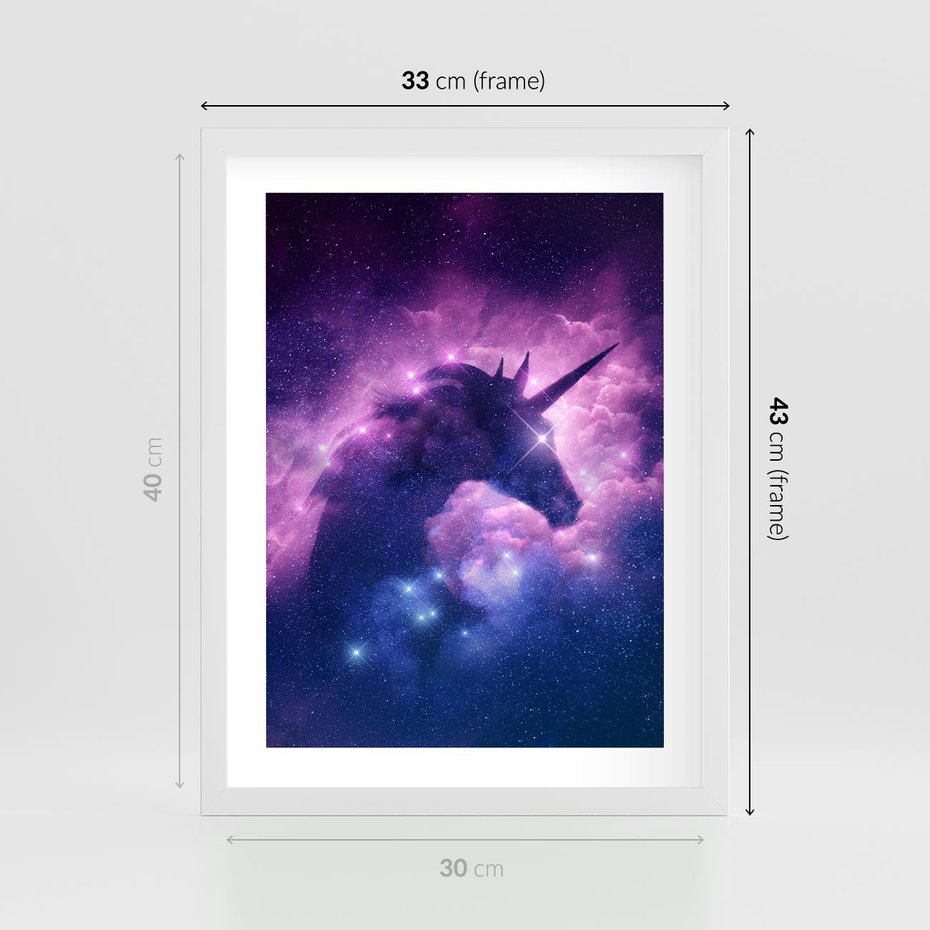 Plakat w ramie 30x40 - Mityczna podróż - kosmos, jednorożec - rama biała