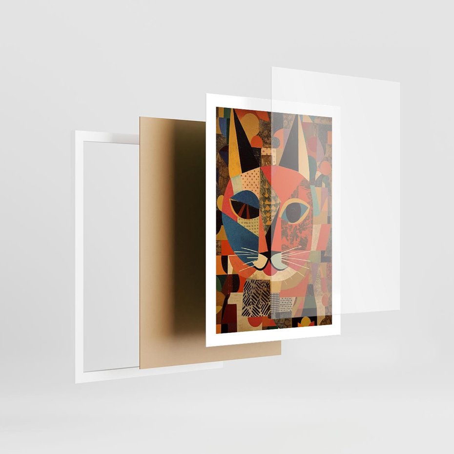 Plakat w ramie 50x70 - Impresje Nieznanych Odniesień - abstrakcyjny obraz olejny, kot - rama biała