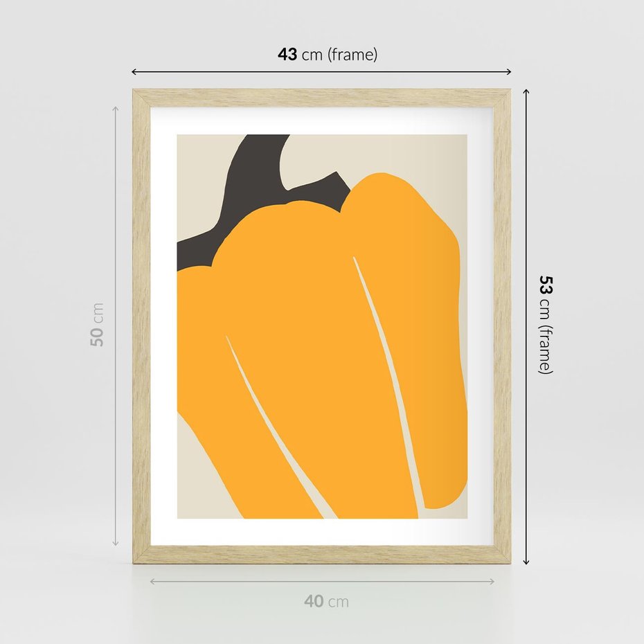 Plakat w ramie 40x50 - Migocące Formy - abstrakcyjny minimalistyczny obraz, żółta papryczka - rama drewno