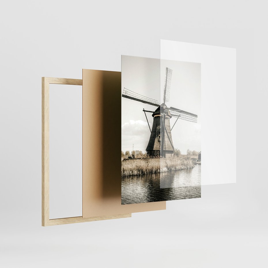 Zestaw obrazy w ramie 50x70 galeria - Wiatraki, domki, pola, łąki - rama drewno