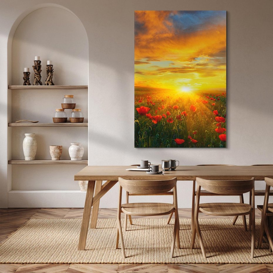 Obraz na płótnie 50x70 - Magia zachodu słońca na łące z makami - łąka, zachód słońca