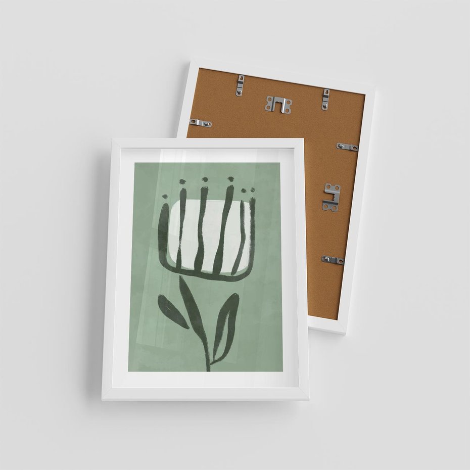 Plakat w ramie 30x40 - Objęcia Zieleni - zielona abstrakcja, zgaszona zieleń - rama biała