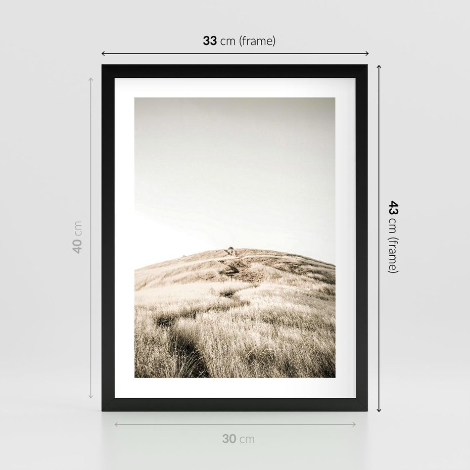 Plakat w ramie 30x40 - Wzgórze w Odcieniach Sepii - wzgórze, trawy - rama czarna