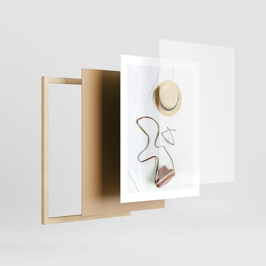 Plakat w ramie 30x40 - Artystyczna Dusza - boho kompozycja, kapelusz słomkowy - rama drewno