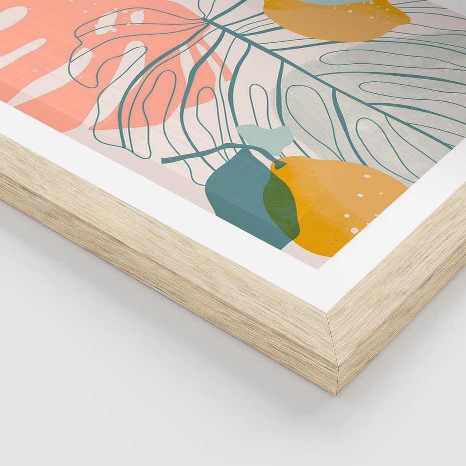 Plakat w ramie 40x50 - Sztuka Natury: Liście Monstery w Pastelach - nowoczesna grafika, pastelowe liście monstery - rama drewno