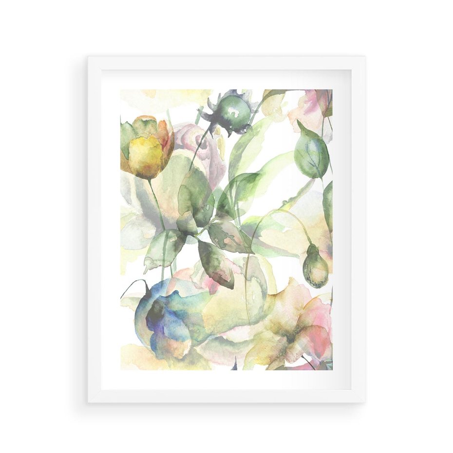 Plakat w ramie 40x50 - Delikatne Kolory - akwarelowe, kwiaty - rama biała