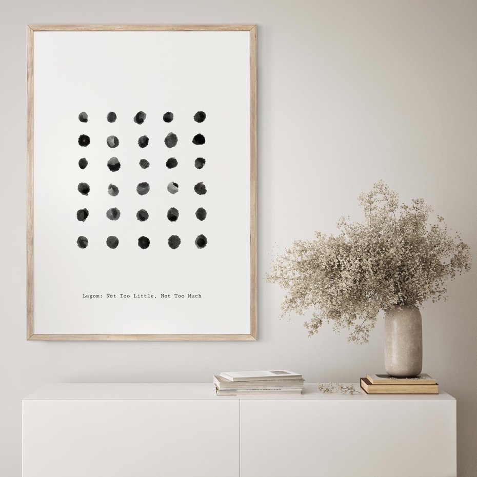 Plakat w ramie 40x50 - Boho Sztuka Wolości - minimalistyczny plakat, czarne kropki na białymtle - rama drewno