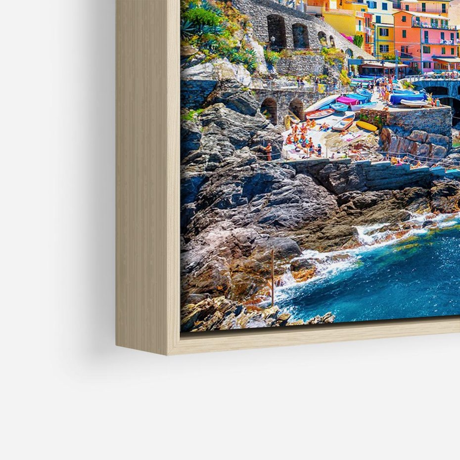 Obraz w ramie 100x70 - Barwne Wybrzeże - nadmorskie miasto na klifie, kolorowe tęczowe budynki - rama drewno