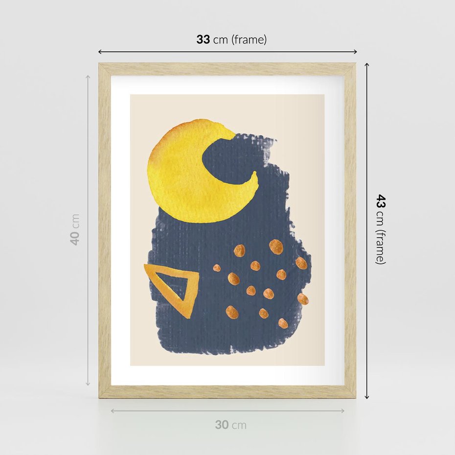 Plakat w ramie 30x40 - Migocące Nocne Barwy - abstrakcyjna akwarelowa plama, granatowa - rama drewno