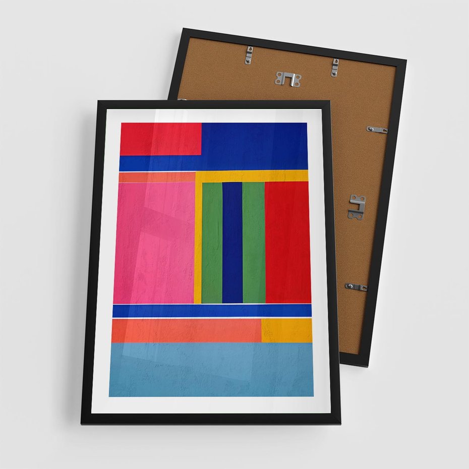 Plakat w ramie 50x70 - Wnętrza Rozplątanych Barw - abstrakcyjny geometryczny obraz olejny, kolorowe pasy - rama czarna