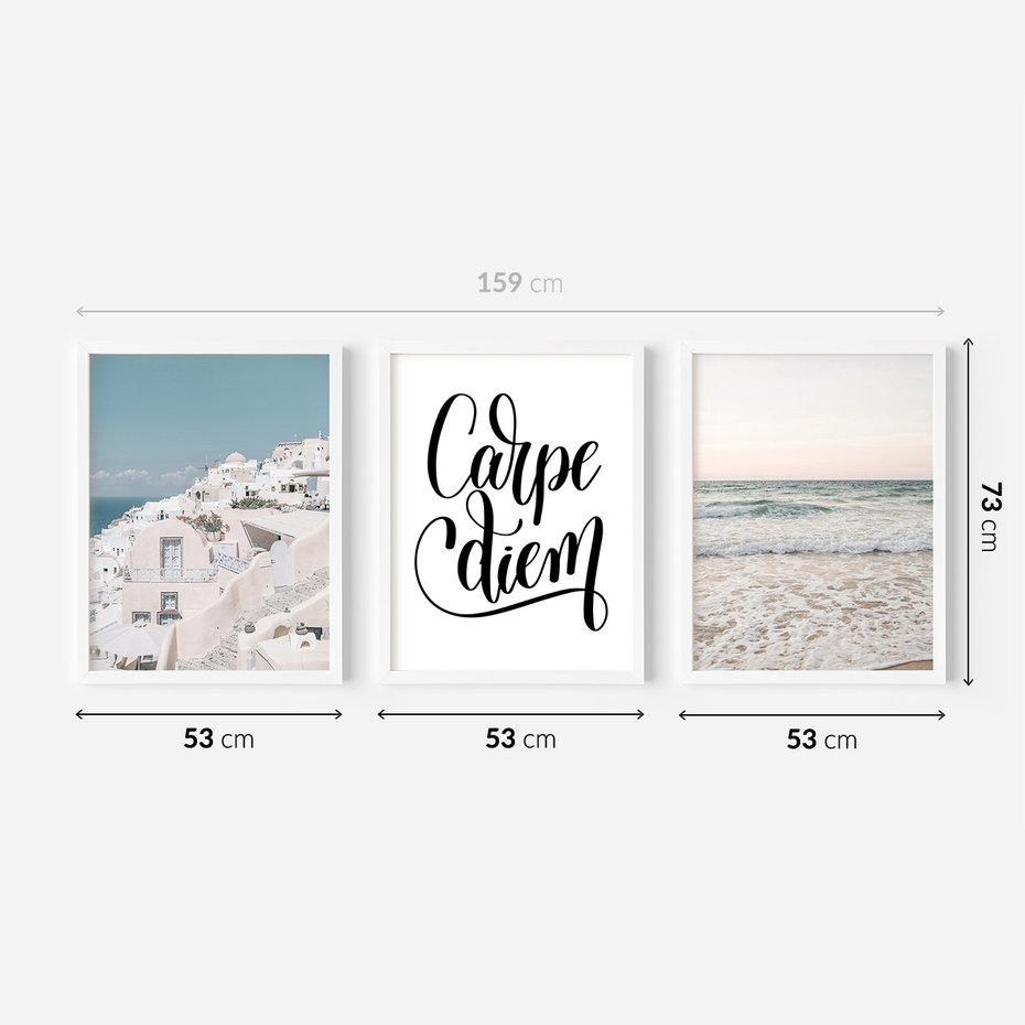Zestaw obrazy w ramie 50x70 galeria - Carpe, diem, Santorini, plaża, morze - rama biała