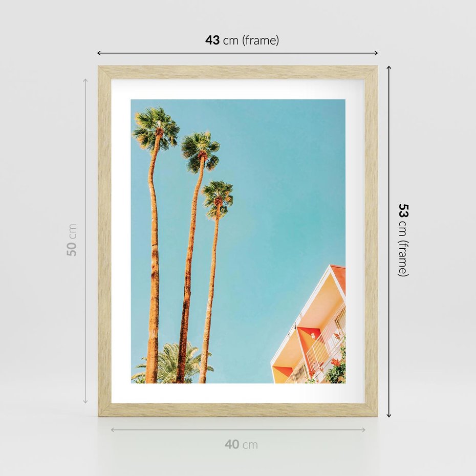 Plakat w ramie 40x50 - Letnie Marzenia - palmy, na tle nieba - rama drewno
