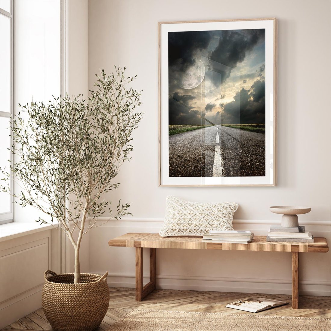 Plakat w ramie 40x50 - magia nocnej drogi - droga, księżyc - rama drewno