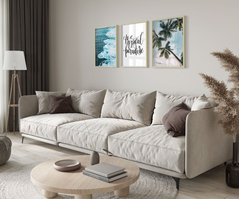 Zestaw obrazy w ramie 50x70 galeria - Tropikalny, napis, cytat, lato, podróż - rama drewno