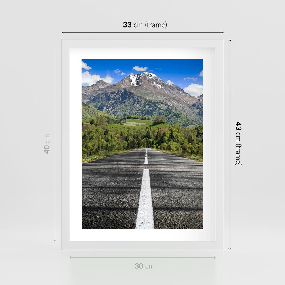 Plakat w ramie 30x40 - Droga przez góry: podróż do przygody - droga, góry - rama biała