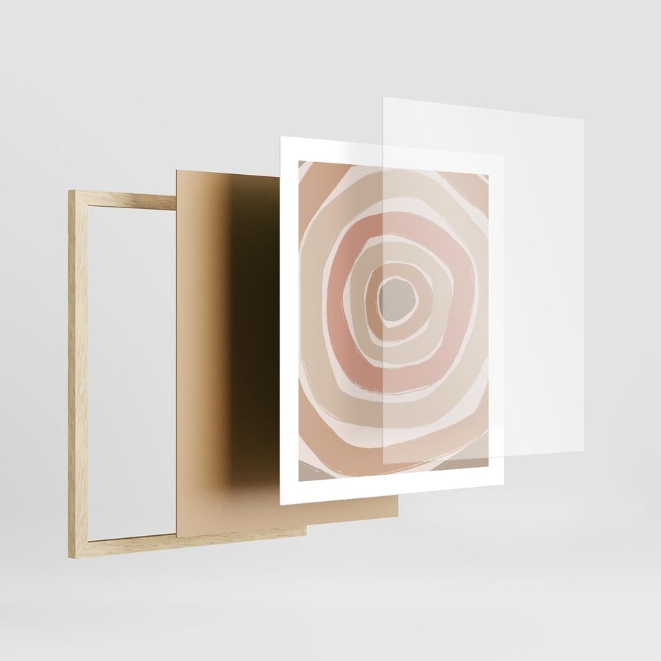 Plakat w ramie 40x50 - Roztopione Granice - abstakcyjne koła, delikatne odcienie beżu - rama drewno