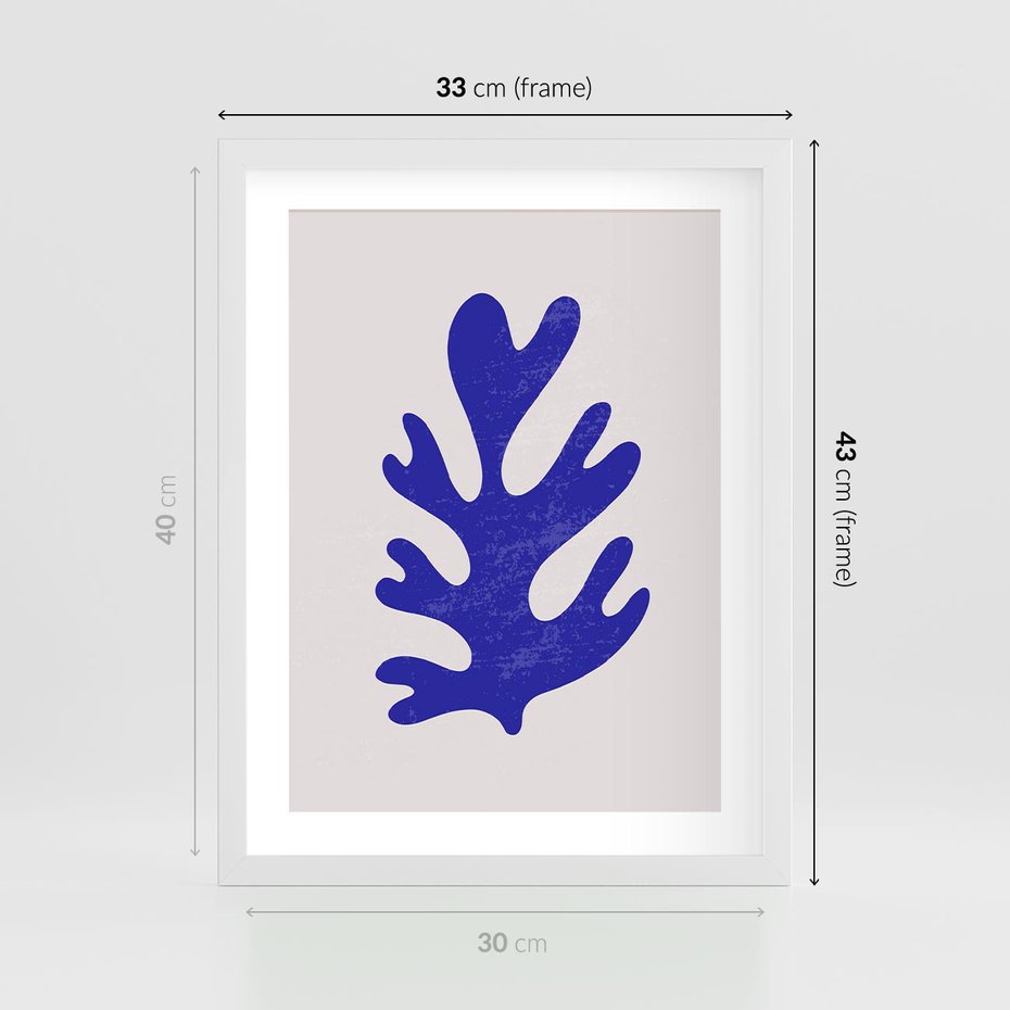 Plakat w ramie 30x40 - Przenikająca Struktura - boho plakat, niebieski liść w intensywnym kolorze - rama biała